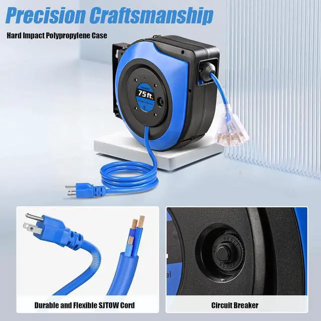 Alt view image 6 of 7 - SURAIELEC Retractable Extension Cord Reel, 75 FT 14 AWG/3C SJTOW Power Cord, 3 Outlets Triple Tap, 10 AMP Circuit Breaker, Ceiling/Wall Mount, UL Listed