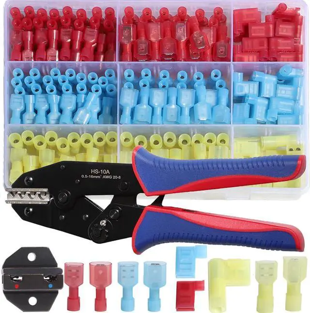 Main image of Nylon Right Angle Spade Connector Kit 90 Degree Insulated Flag Terminal Quick Disconnect Wire Connector Crimper Tool 330PCS 22-18 16-14 12-10AWG