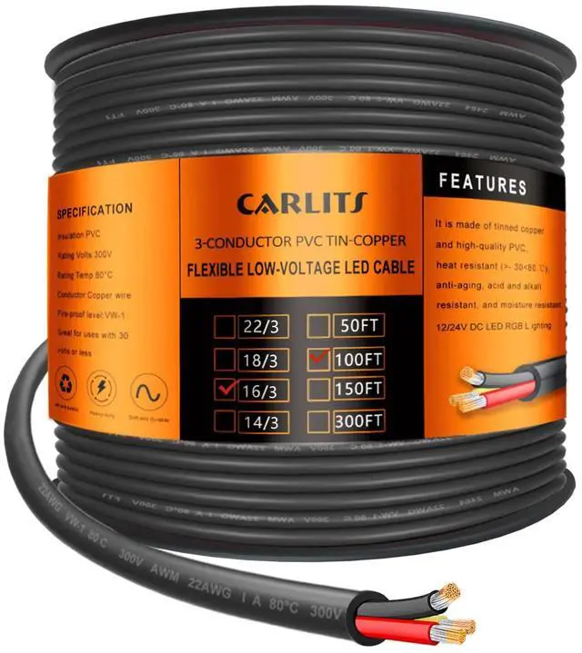 Main image of 16 Gauge 3 Conductor Electrical Wire, 100FT 16 AWG Stranded Low Voltage 16/3 Cable Tinned Copper, Flexible Extension Power Cord for LED Lamp