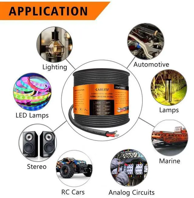 Alt view image 4 of 6 - 16 Gauge 3 Conductor Electrical Wire, 100FT 16 AWG Stranded Low Voltage 16/3 Cable Tinned Copper, Flexible Extension Power Cord for LED Lamp