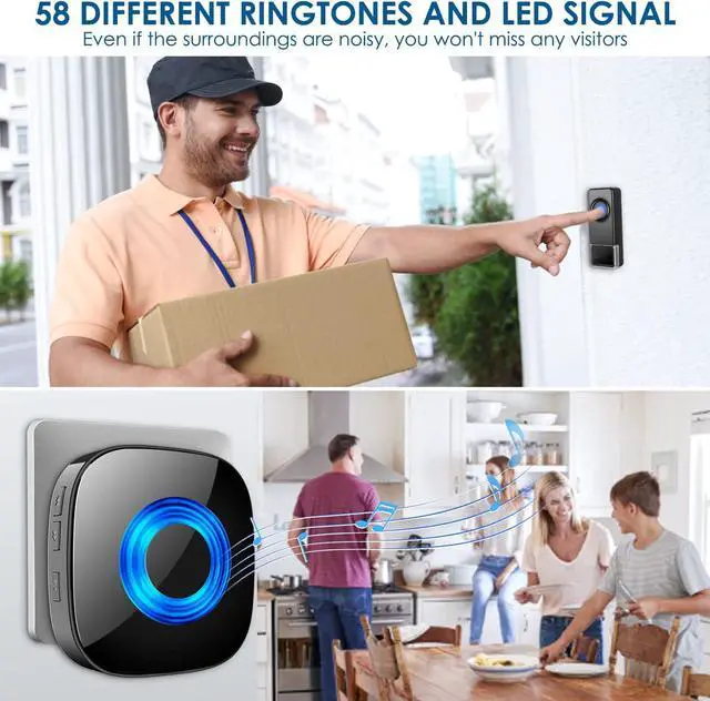 Alt view image 4 of 7 - Wireless Doorbell - PHYSEN Door Bell Chimes with Mute Mode - 58 Ringtones&5 Volume Levels Operating at 1300-ft Range LED Strobe, 2 Transmitters+3 Receivers Waterproof Doorbell Kit for Home/Classroom