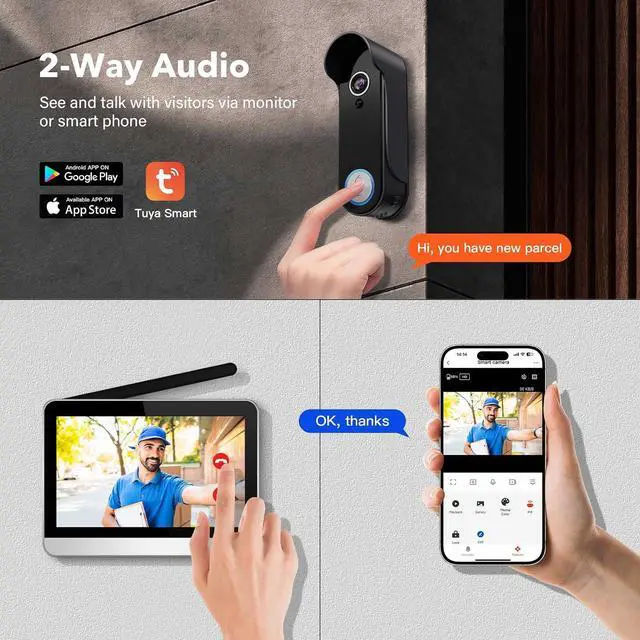 Alt view image 2 of 7 - Wireless Video Doorbell Camera with 7 Inch Monitor, Home Video Door Phone Intercom System, 2-Way Audio, PIR Motion Detection, Local Storage, No Monthly Fee, Tuya Smart APP