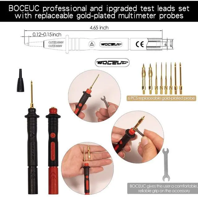 Alt view image 4 of 7 - Multimeter Silicone Leads Electrician Test Leads Kit CAT III 1000V&CAT IV 600V with Alligator Clips Test Hooks and Needle Back Probe Pins for Fluke, AstroAI, INNOVA