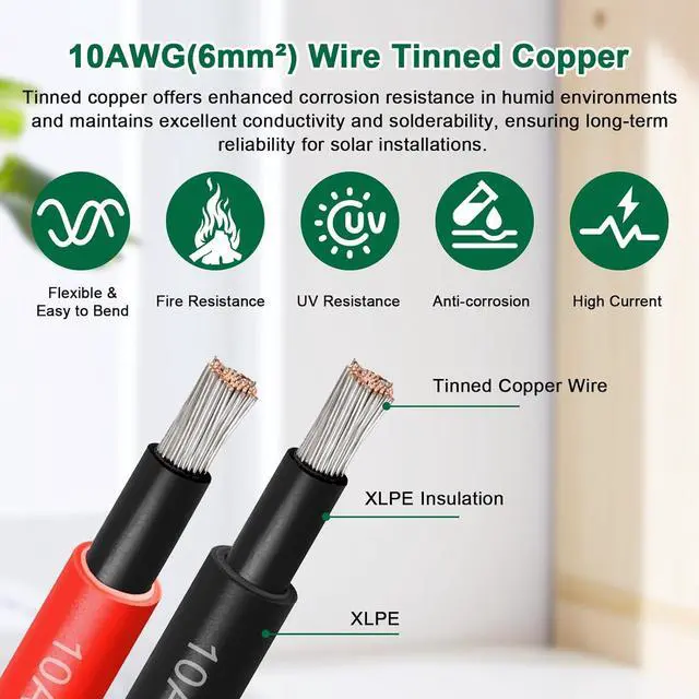 Alt view image 2 of 7 - Solar Panel Wire 10 AWG(6mm²) - Extension Cable 30Ft Black & 30Ft Red 10 Gauge Tinned Copper PV Wire for Outdoor Automotive RV Solar Panel Boat Marine (Black+Red)
