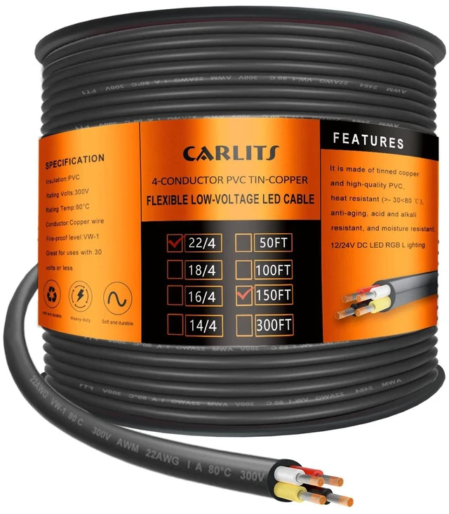 Main image of 22 Gauge 4 Conductor Electrical Wire,150FT 22 AWG Stranded Low Voltage 22/4 Cable Tinned Copper, Flexible Extension Power Cord for LED Lamp