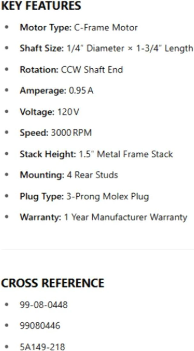 Alt view image 2 of 2 - 99-08-0446B, OEM Replacement, 120V, 3000 RPM, C-FRAME, CCWSE