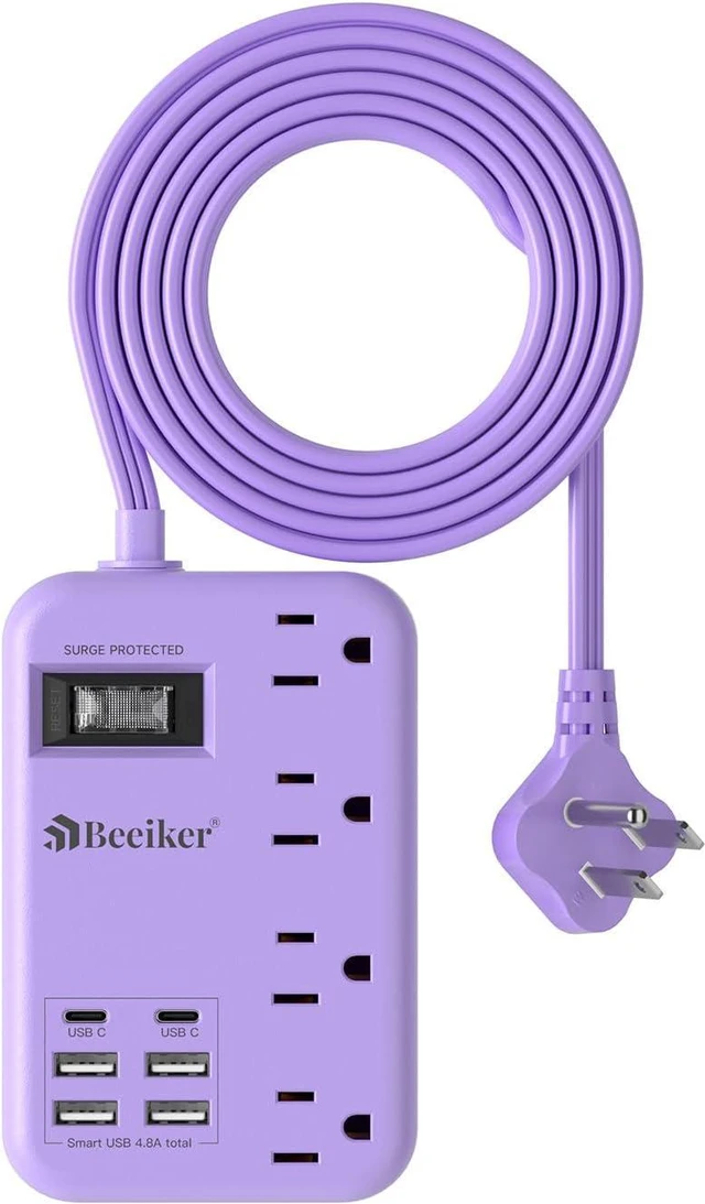 Main image of 6 USB (2 USB C) Travel Power Strip - 5Ft Purple Extension Cord With 24W USB Charging Station and 4 Outlets, Desk Accessories With Surge Protector for Cute Kawaii Lavender Office Dorm Room