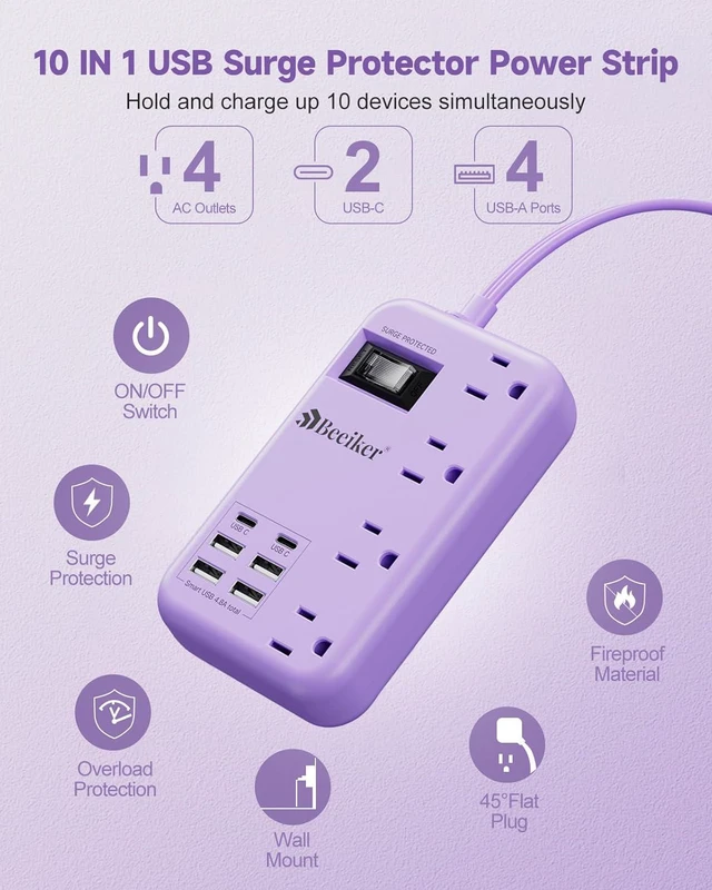 Alt view image 3 of 7 - 6 USB (2 USB C) Travel Power Strip - 5Ft Purple Extension Cord With 24W USB Charging Station and 4 Outlets, Desk Accessories With Surge Protector for Cute Kawaii Lavender Office Dorm Room
