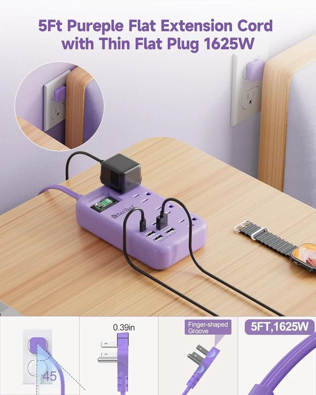 Alt view image 4 of 7 - 6 USB (2 USB C) Travel Power Strip - 5Ft Purple Extension Cord With 24W USB Charging Station and 4 Outlets, Desk Accessories With Surge Protector for Cute Kawaii Lavender Office Dorm Room