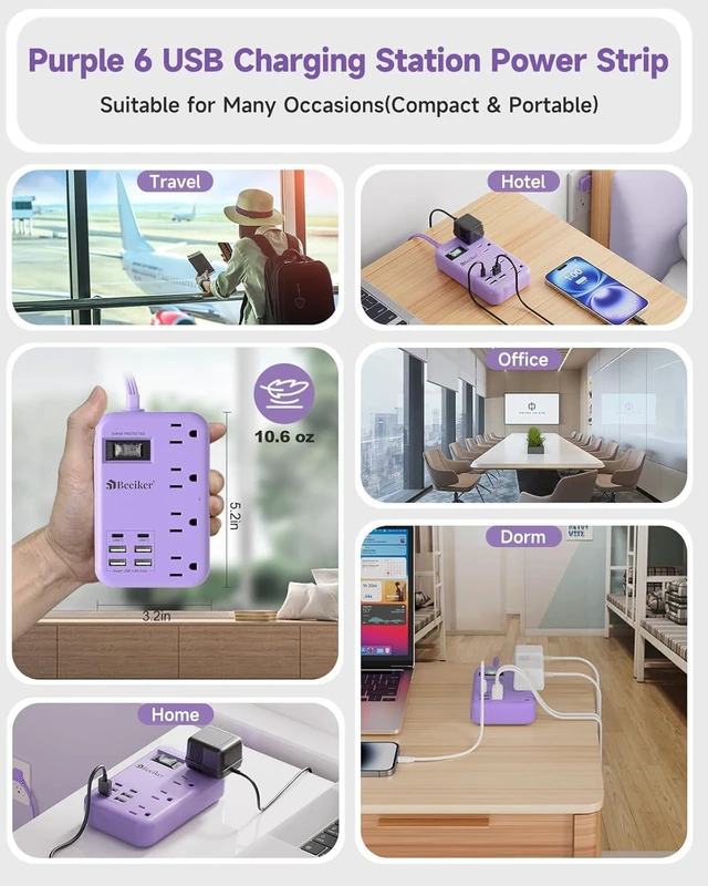 Alt view image 6 of 7 - 6 USB (2 USB C) Travel Power Strip - 5Ft Purple Extension Cord With 24W USB Charging Station and 4 Outlets, Desk Accessories With Surge Protector for Cute Kawaii Lavender Office Dorm Room