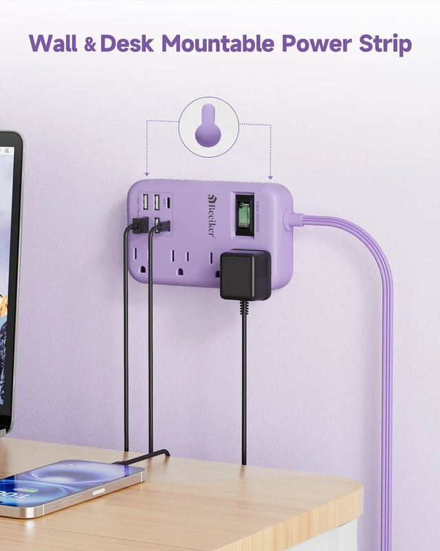 Alt view image 7 of 7 - 6 USB (2 USB C) Travel Power Strip - 5Ft Purple Extension Cord With 24W USB Charging Station and 4 Outlets, Desk Accessories With Surge Protector for Cute Kawaii Lavender Office Dorm Room