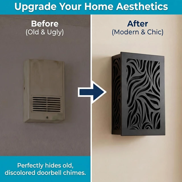 Alt view image 3 of 7 - Saillong Doorbell Chime Cover Box Only, Wood Doorbell Cover for Wall Inside with Adhesive Tape and Screws, Universal Door Bell Chime Covers Fit Most DoorbellsDoorbells Not Included(Black)