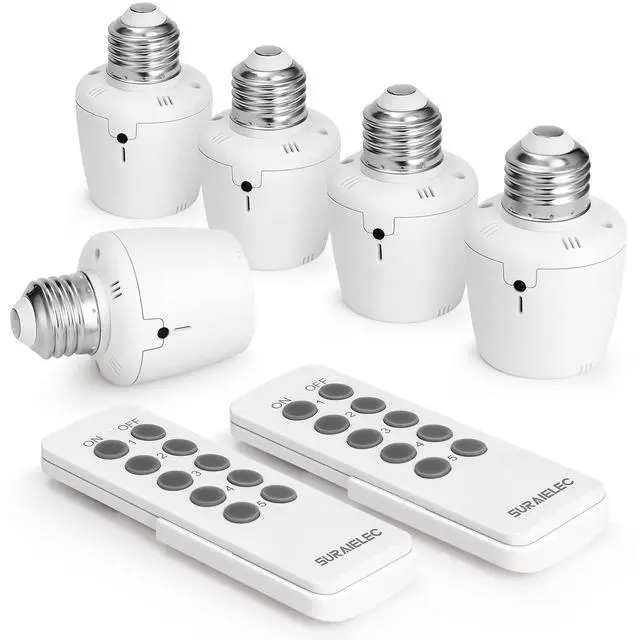 Main image of SURAIELEC Remote Control Light Socket, E26 E27 Bulb Base, 100FT Range, Wall Mountable Wireless Light Switch for Lamps, Pull Chain Light Fixture, Pull String (5 Sockets 2 Remotes, Shorter Version)
