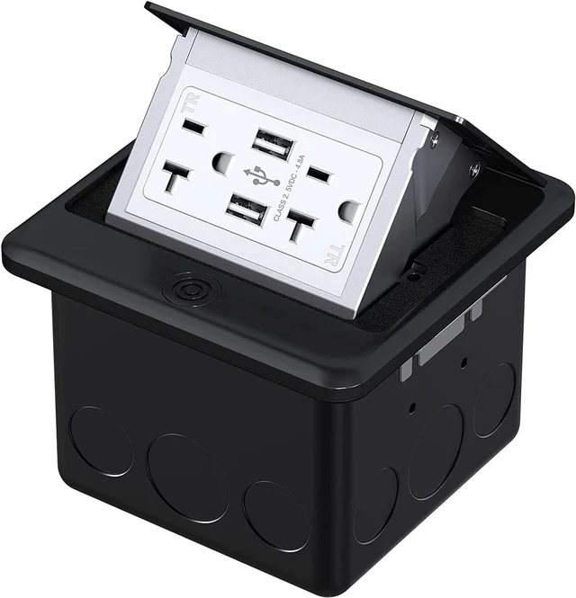 Main image of 20A Pop-Up Floor Electrical Outlet, Floor Outlet Box with 20A Duplex Receptacle and 2USB Charging Ports, Pop Up Waterproof Electrical Outlet with Watertight Gasket for Home, Industry, Black