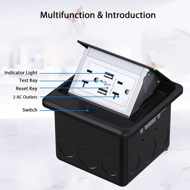 Alt view image 3 of 6 - 20A Pop-Up Floor Electrical Outlet, Floor Outlet Box with 20A Duplex Receptacle and 2USB Charging Ports, Pop Up Waterproof Electrical Outlet with Watertight Gasket for Home, Industry, Black