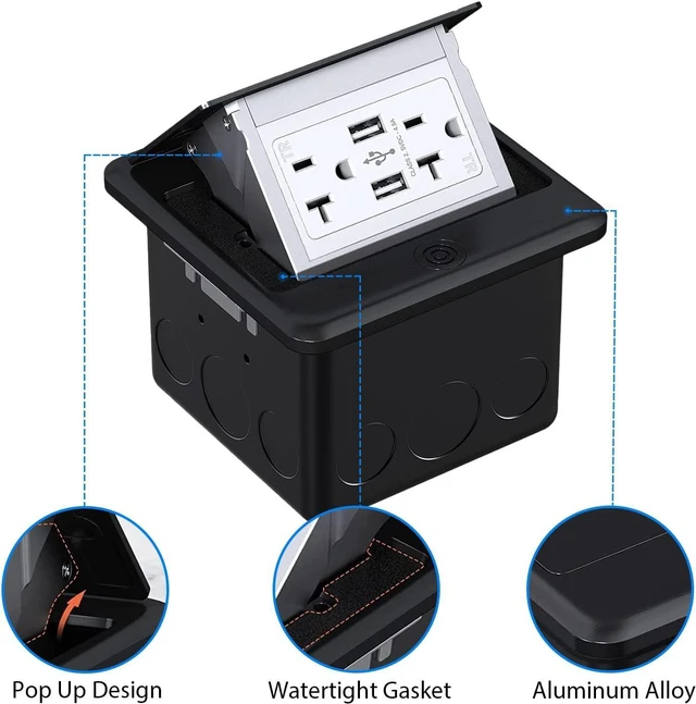 Alt view image 4 of 6 - 20A Pop-Up Floor Electrical Outlet, Floor Outlet Box with 20A Duplex Receptacle and 2USB Charging Ports, Pop Up Waterproof Electrical Outlet with Watertight Gasket for Home, Industry, Black