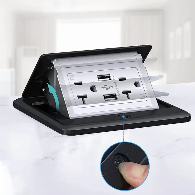 Alt view image 5 of 6 - 20A Pop-Up Floor Electrical Outlet, Floor Outlet Box with 20A Duplex Receptacle and 2USB Charging Ports, Pop Up Waterproof Electrical Outlet with Watertight Gasket for Home, Industry, Black