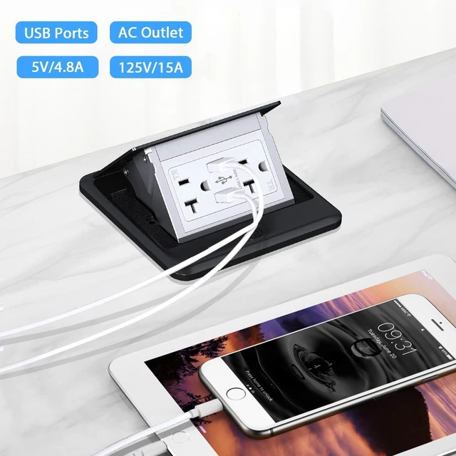 Alt view image 6 of 6 - 20A Pop-Up Floor Electrical Outlet, Floor Outlet Box with 20A Duplex Receptacle and 2USB Charging Ports, Pop Up Waterproof Electrical Outlet with Watertight Gasket for Home, Industry, Black