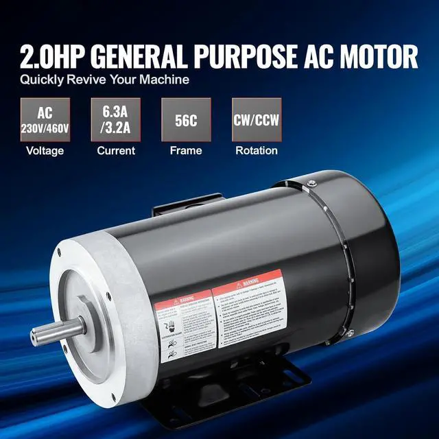 Alt view image 2 of 7 - 2HP Electric Motor 3450 RPM, AC 230V/460V, 56C Frame, 3-Phase Motor with 5/8" Keyed Shaft, Reversible Rotation for Agricultural and General Equipment Applications
