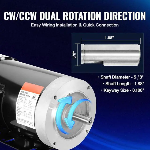 Alt view image 4 of 7 - 2HP Electric Motor 3450 RPM, AC 230V/460V, 56C Frame, 3-Phase Motor with 5/8" Keyed Shaft, Reversible Rotation for Agricultural and General Equipment Applications