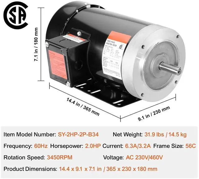 Alt view image 7 of 7 - 2HP Electric Motor 3450 RPM, AC 230V/460V, 56C Frame, 3-Phase Motor with 5/8" Keyed Shaft, Reversible Rotation for Agricultural and General Equipment Applications
