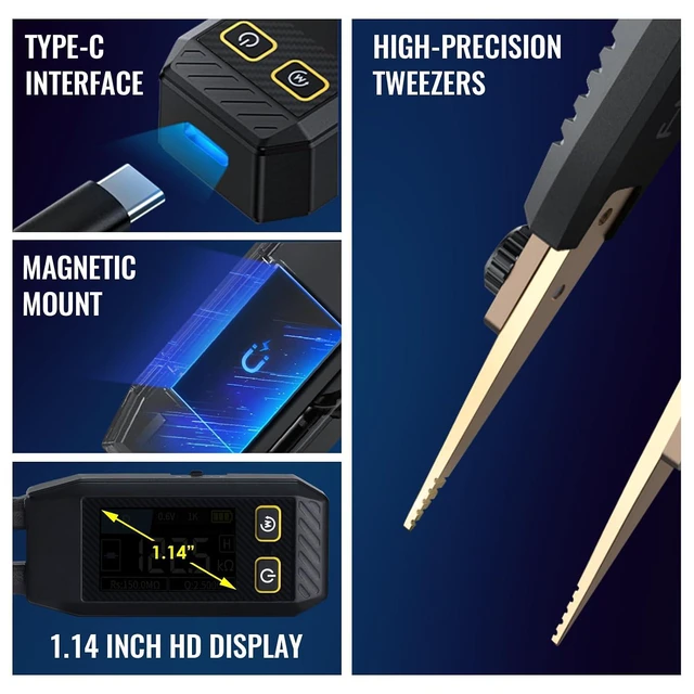Alt view image 4 of 7 - LCR-ST1 10kHz LCR Meter Tweezer, ESR Meter & Mini SMD Multimeter, Capacitance, Inductance, Continuity & Diode Tester, Rechargeable Component Tester