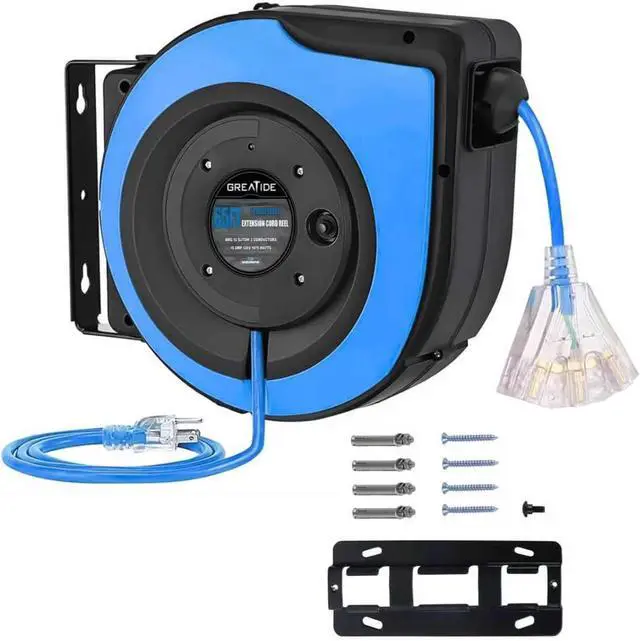 Main image of Retractable Extension Cord Reel, 65 Feet 12 AWG/3C SJTOW Heavy Duty Power Cord,15 AMP Circuit Breaker, 3-Lighted Triple Outlets, Ceiling or Wall Mount Use Gifts for Dad