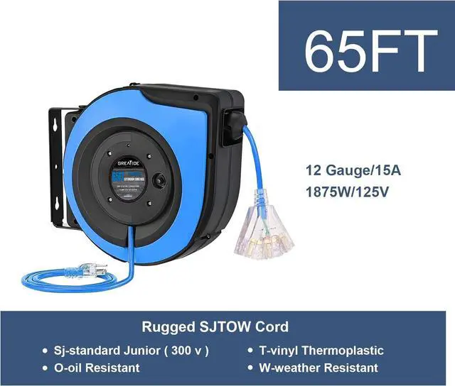 Alt view image 2 of 7 - Retractable Extension Cord Reel, 65 Feet 12 AWG/3C SJTOW Heavy Duty Power Cord,15 AMP Circuit Breaker, 3-Lighted Triple Outlets, Ceiling or Wall Mount Use Gifts for Dad