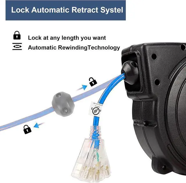 Alt view image 3 of 7 - Retractable Extension Cord Reel, 65 Feet 12 AWG/3C SJTOW Heavy Duty Power Cord,15 AMP Circuit Breaker, 3-Lighted Triple Outlets, Ceiling or Wall Mount Use Gifts for Dad