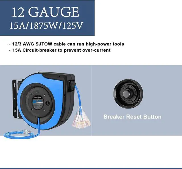 Alt view image 6 of 7 - Retractable Extension Cord Reel, 65 Feet 12 AWG/3C SJTOW Heavy Duty Power Cord,15 AMP Circuit Breaker, 3-Lighted Triple Outlets, Ceiling or Wall Mount Use Gifts for Dad
