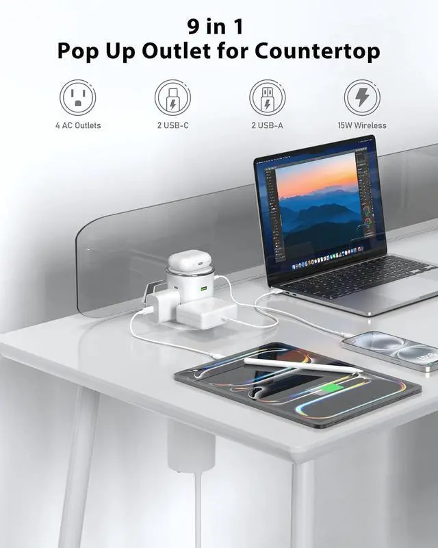 Alt view image 3 of 7 - Motorized Pop Up Outlet,2 PD 45W USB C Charging Station, 3.15 in Hole Desktop Power Grommet Electrical Outlets Insert in 4AC 4 USB Ports 15W Wireless Charger for Kitchen Countertop