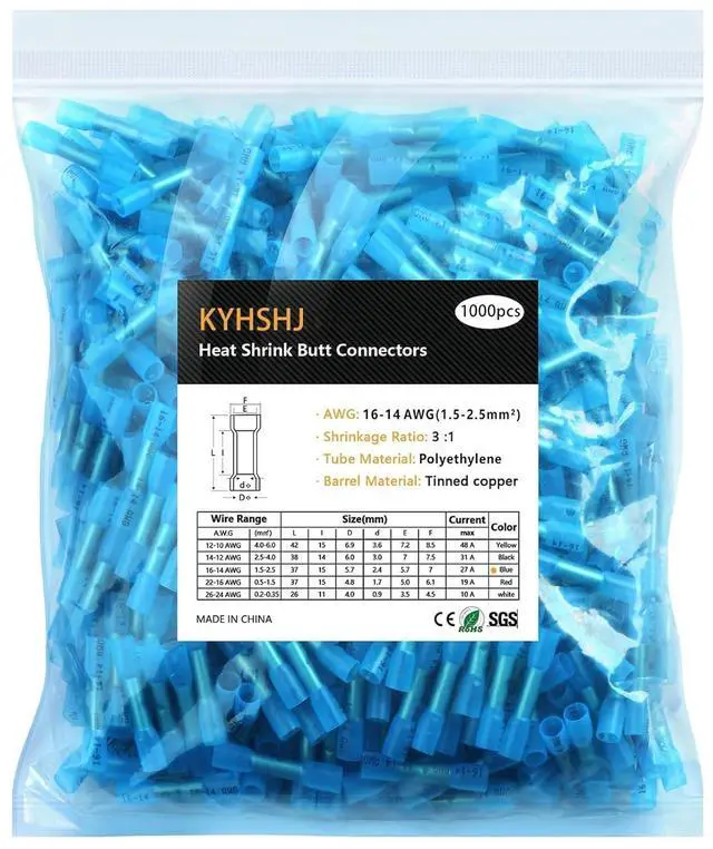 Main image of KYHSHJ Heat Shrink Butt Connectors, Waterproof Electrical Marine Automotive Wire Crimp Terminals connectorsInsulated Waterproof Electrical Wire Connectors(16-14AWG-1000Pcs)