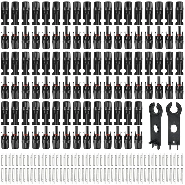 Main image of 100PCS MC4 Soar Connectors Solar Panel Cable Connectors 1000V 30A IP67 Waterproof Male/Female Plug with Spanners, Suitable for 14AWG-10AWG Solar Cables (50 Pairs)
