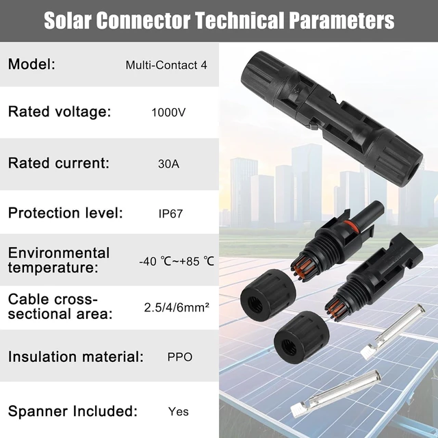 Alt view image 5 of 7 - 100PCS MC4 Soar Connectors Solar Panel Cable Connectors 1000V 30A IP67 Waterproof Male/Female Plug with Spanners, Suitable for 14AWG-10AWG Solar Cables (50 Pairs)