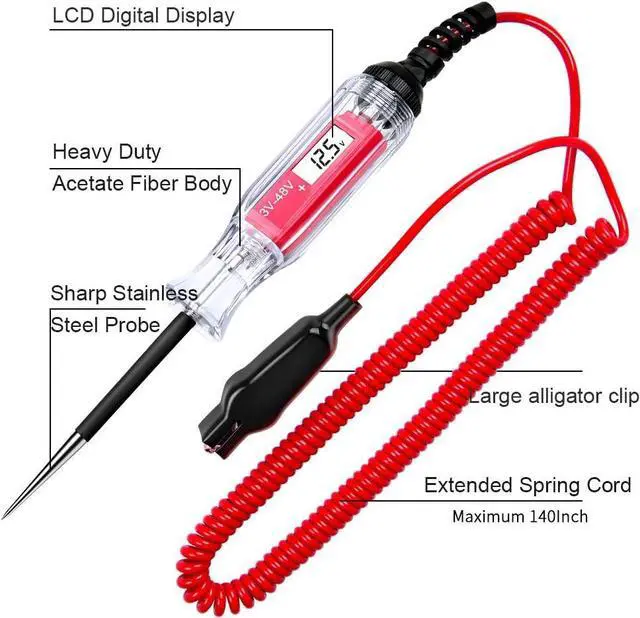 Alt view image 3 of 6 - Large Size Heavy Duty 3-48V Digital LCD Circuit Tester with 140 Inch Extended Spring WireCar Truck circuit test light Low Voltage & Light Tester with Stainless Probe