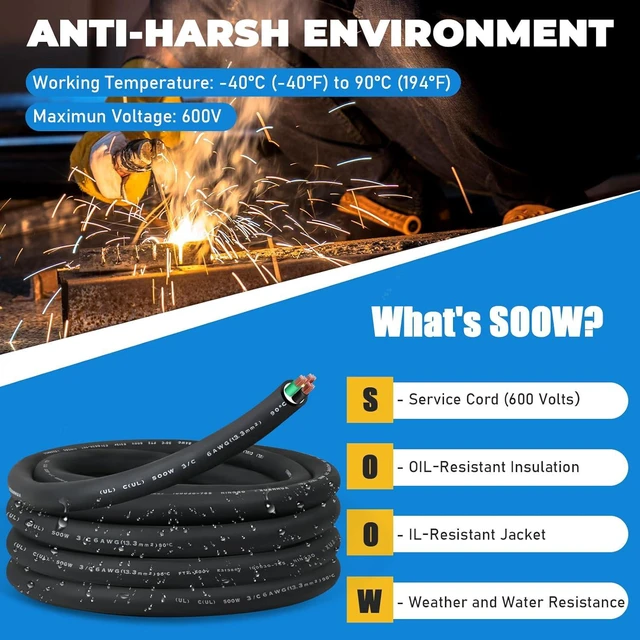Alt view image 2 of 7 - 15FT 6/3 6AWG SOOW Portable Power Cable (3 Conductor600V 6 Gauge Electrical SOOW Wire for Welder Machine, Generator, EV Car Charger,Portable Light, Motor Lead, Industrial Outdoor