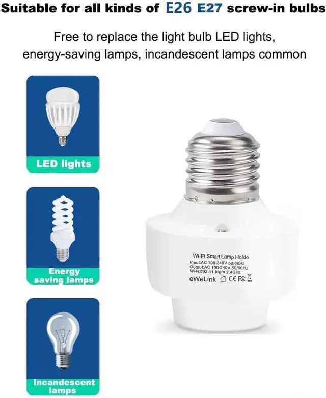 Alt view image 6 of 7 - QIACHIP Wifi E27 Lamp Socket, Wireless, 110-220V, App Control, Timer, Scenes, Alexa & Google Compatible