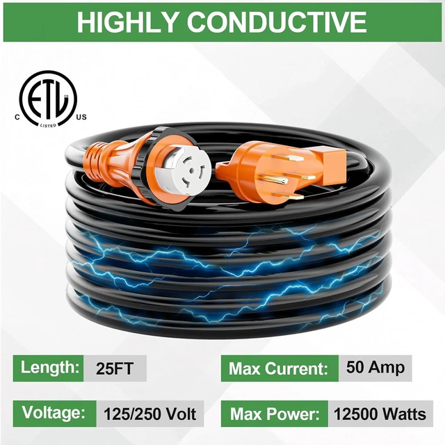 Alt view image 2 of 7 - 50 Amp Generator Extension Cord 25 Ft- Rated for 250V /12500W, NEMA 14-50P to SS2-50R Twist Lock Design, ETL Listed STW Generator Power Cords with Organizer for RV, Outdoor