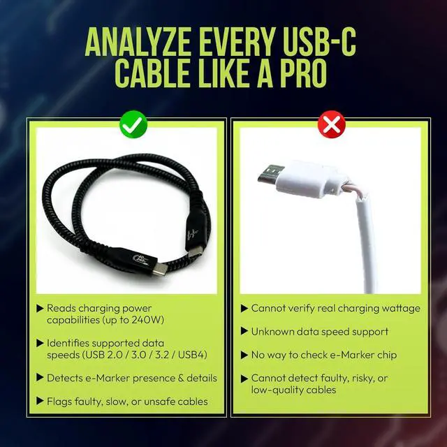 Alt view image 2 of 7 - BLE caberQU Digital USB-C Cable Tester, USB PD 3.0/3.1/3.2 eMarker Display, 25-Pin Continuity Pinout, USB 2/3/4, Cable Resistor, iOS and Android App (BLE caberQU)