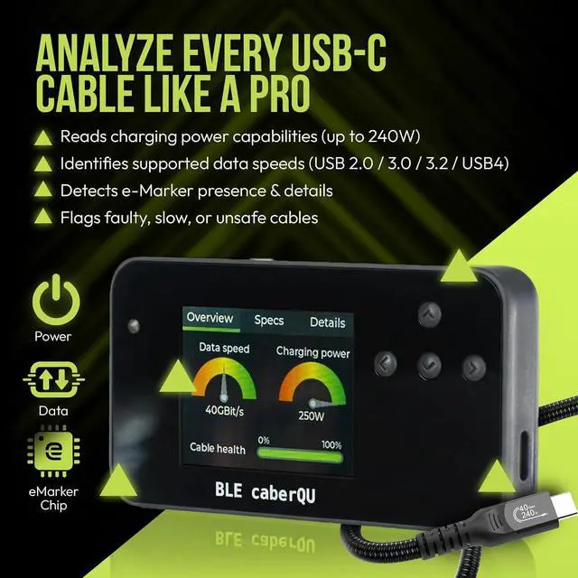 Alt view image 4 of 7 - BLE caberQU Digital USB-C Cable Tester, USB PD 3.0/3.1/3.2 eMarker Display, 25-Pin Continuity Pinout, USB 2/3/4, Cable Resistor, iOS and Android App (BLE caberQU)