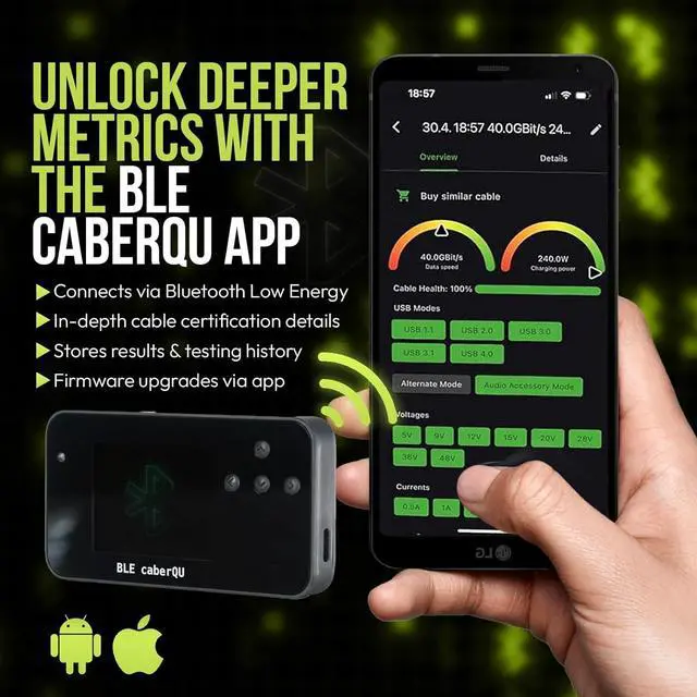 Alt view image 5 of 7 - BLE caberQU Digital USB-C Cable Tester, USB PD 3.0/3.1/3.2 eMarker Display, 25-Pin Continuity Pinout, USB 2/3/4, Cable Resistor, iOS and Android App (BLE caberQU)