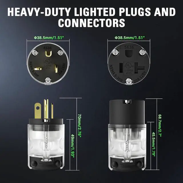 Alt view image 2 of 7 - Lighted 20 Amp 125 Volt NEMA 5-20R 2 Pole 3 Wire Grounding Straight Blade Electrical Plug Replacement Cord Outlet Commercial Grade, Black, 10 Pack