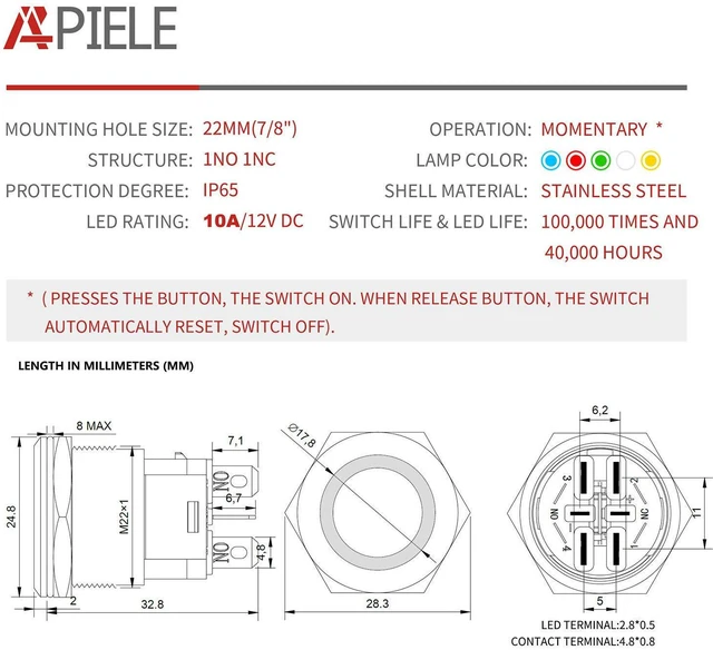 Alt view image 2 of 7 - APIELE 10 Amp 22mm Momentary Push Button Switch 12V Angel Eye LED Waterproof Stainless Steel Round Self Reset 7/8'' 1NO 1NC (10 Amp/White Led)