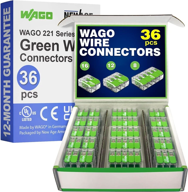 Main image of WAGO 221 Series Green Range 36pc Compact Splicing Wire Connectors | Includes (16x 221-422) (12x 221-423) (8X 221-425) | WAGO Green Connectors | 221 Lever Nuts Electrical | (2-Port) (3-Port) (5-Port)
