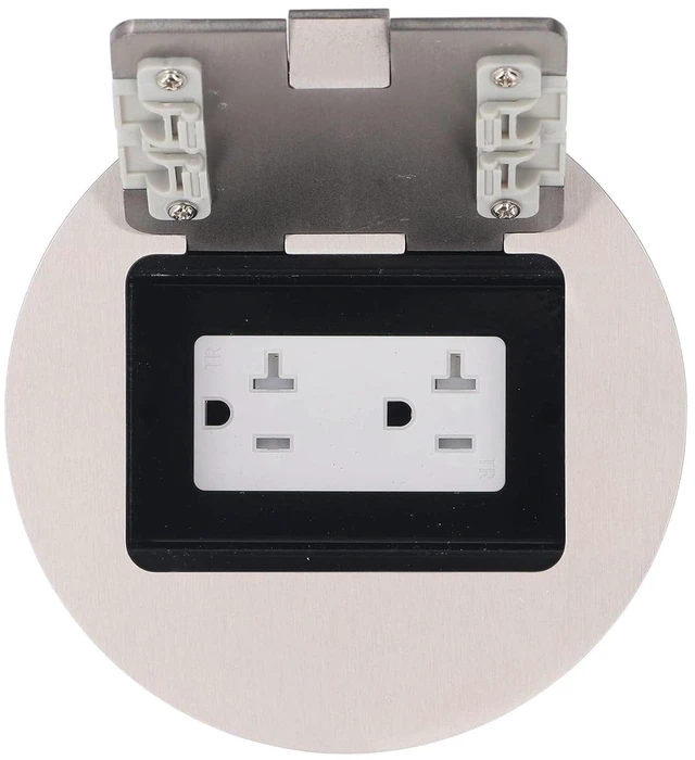 Alt view image 7 of 7 - Stainless Steel Recessed Floor Outlet 2 Socket Water Resistant Round 20A 2500W Commercial Grade for Office Hotel School Installation