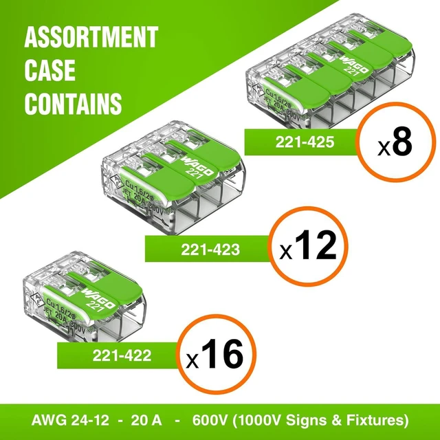 Alt view image 2 of 7 - WAGO 221 Series Green Range 36pc Compact Splicing Wire Connectors | Includes (16x 221-422) (12x 221-423) (8X 221-425) | WAGO Green Connectors | 221 Lever Nuts Electrical | (2-Port) (3-Port) (5-Port)