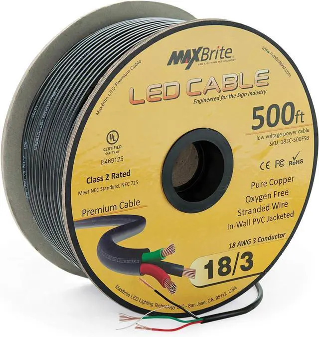 Main image of 500 ft. 18AWG Low Voltage LED Cable 3 Conductor Black Sleeve in-Wall Speaker Wire UL Class 2 Certified