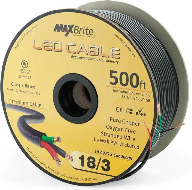Alt view image 2 of 3 - 500 ft. 18AWG Low Voltage LED Cable 3 Conductor Black Sleeve in-Wall Speaker Wire UL Class 2 Certified