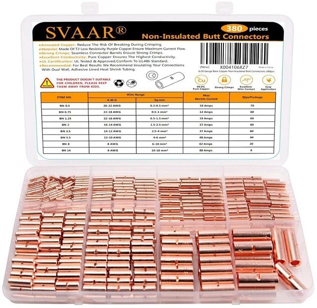 Main image of SVAAR Non-Insulated Butt Connectors 380PCS Butt Splice Connectors Pure Copper Butt Connectors,Crimp Butt Connectors kit for 26-6 Gauge Wire,Crimp Butt Wire Connectors Uninsulated Butt Terminal