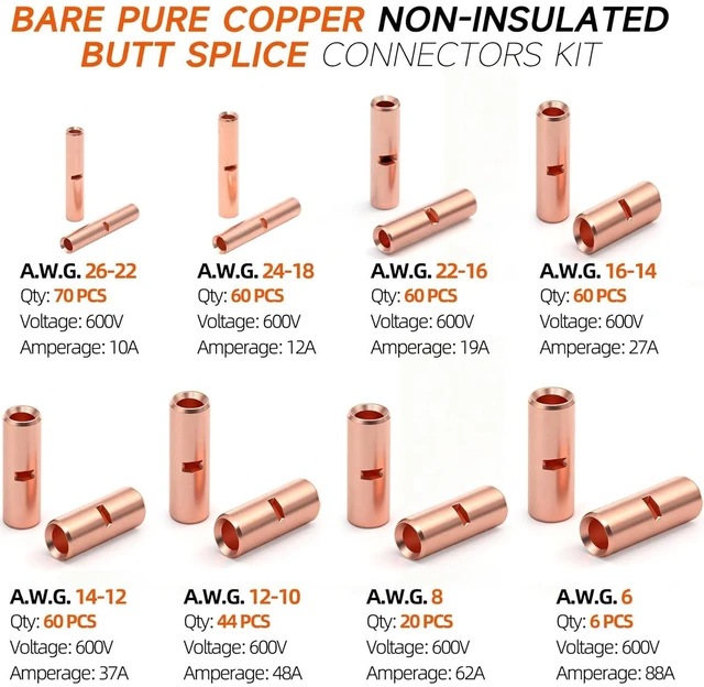 Alt view image 2 of 7 - SVAAR Non-Insulated Butt Connectors 380PCS Butt Splice Connectors Pure Copper Butt Connectors,Crimp Butt Connectors kit for 26-6 Gauge Wire,Crimp Butt Wire Connectors Uninsulated Butt Terminal